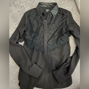Black Lace & Leather & Satin Blouse by Prabal Gurung